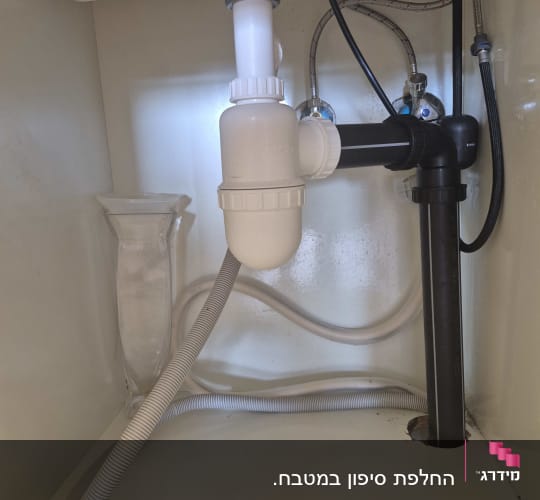 צנרת מתחת לכיור עם מחברים וצינורות פלסטיק